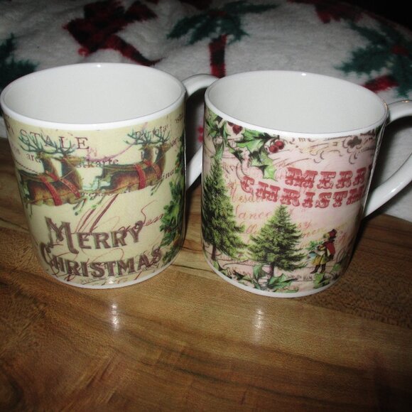 Set of Two “Rose of England” Christmas Holiday  Bone China Mugs - Picture 2 of 5